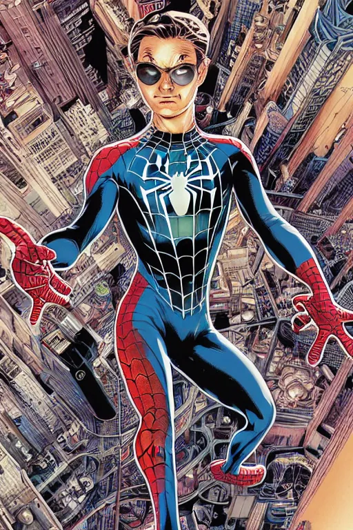 Prompt: tobey maguire in a spider - man suit, by yoichi hatakenaka, masamune shirow, josan gonzales and dan mumford, ayami kojima, takato yamamoto, barclay shaw, karol bak, yukito kishiro, highly detailed