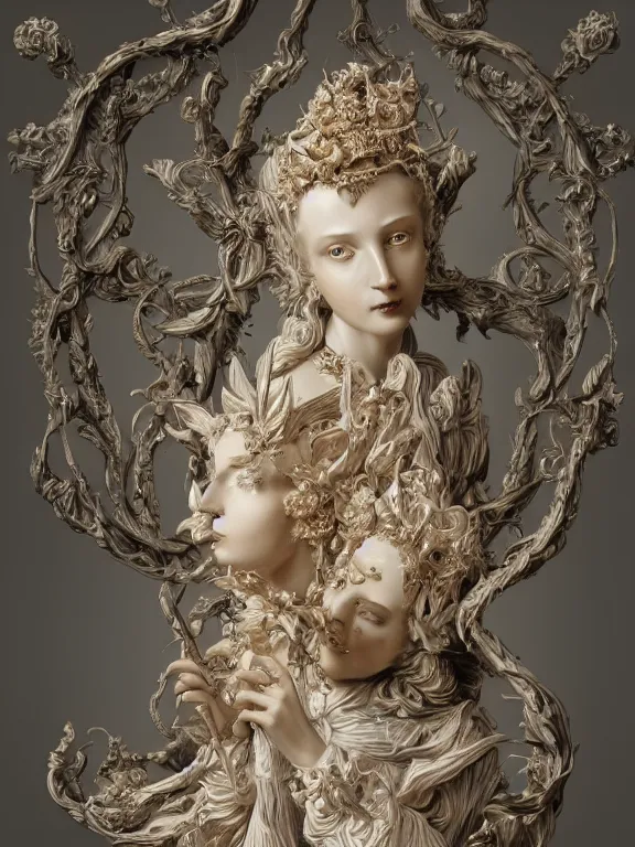 Image similar to a beautiful render of rococo catholic princess sculpture with symmetry intricate detailed,by Nekro and aaron horkey and peter gric and Cedric Peyravernay and Billelis,Trending on artstation,ZBrush,masterpiece,maximalist,glittering,gold,silver，ivory,hyperreal