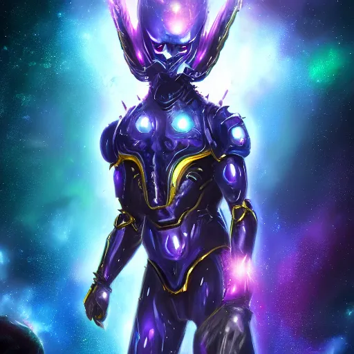 Image similar to photorealistic fantasy cosmic concept art of a cosmic nebula God in dark matter armor hovering in a unknown galaxy, fully body portrait, cinematic, dynamic lighting, ultra detailed, creative, trending on art station