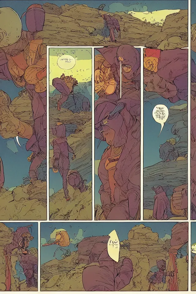 Image similar to colorfull comicpage with panels and speech balloons by Moebius showing the meaning of life
