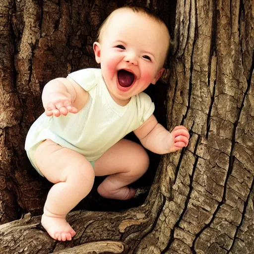 Image similar to baby crawling up a tree with a big grin on its face, in the style of vintage antique illustration and line drawing or engraving