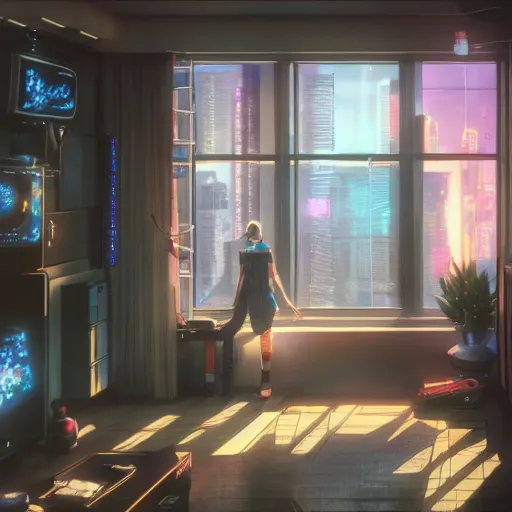 Image similar to the cyberpunk apartment, render, octane, 4k, highly detailed, vivid colors, high definition, by Makoto Shinkai