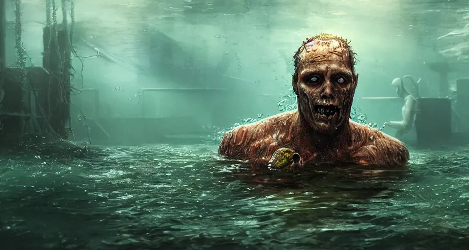 Prompt: highly detailed full body portrait of a zombie swimming underwater in a zombie - apocalypse, waterplants and fish in the background, lightreflections in the water, by greg rutkowski, octane render