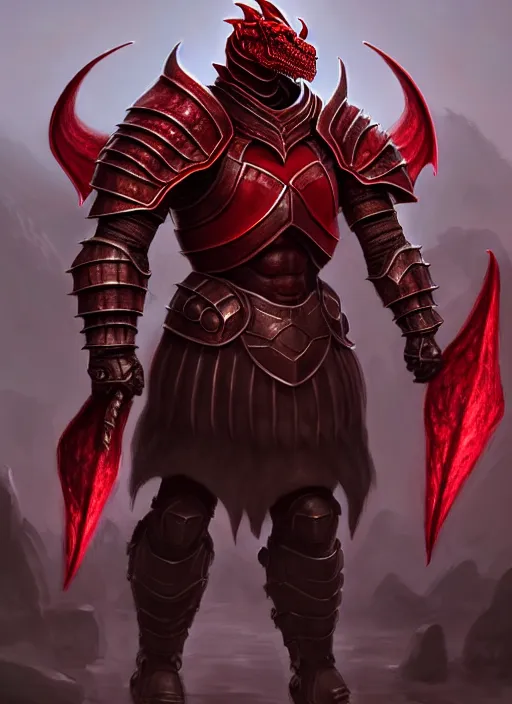 Image similar to heavy armor!!! muscular and tall crimson dnd male dragonborn!! draconian!! character concept art, sharp focus, octane render! unreal engine 5! highly rendered!! trending on artstation!! detailed linework!! illustration by artgerm, wlop, and chie yoshii