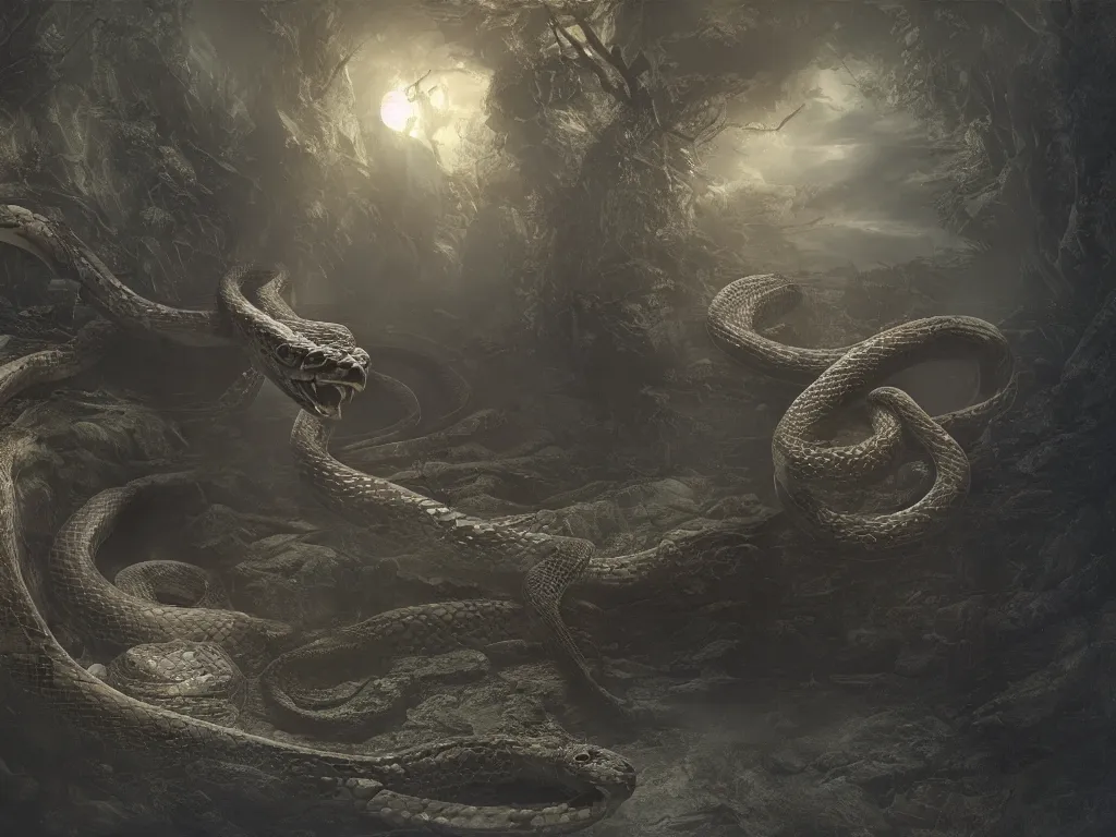 Prompt: A dark room with a large colored snake in the center of it. Very beautiful matte painting