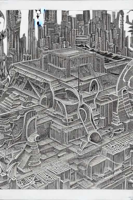 Image similar to a black and white drawing of a mayan temple cityscape, a detailed mixed media collage by hiroki tsukuda and eduardo paolozzi and moebius, intricate linework, sketchbook psychedelic doodle comic drawing, geometric, street art, polycount, deconstructivism, matte drawing, academic art, constructivism