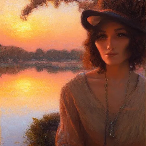 Prompt: elegant woman by the river, sunset, detailed face, correct face, painting by Gaston Bussiere, Craig Mullins