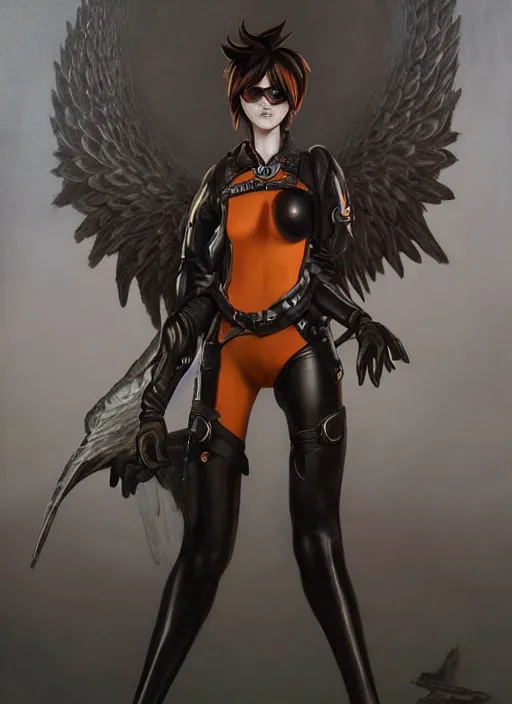 Image similar to full body artwork of tracer overwatch wearing leather collar in style of zdzisław beksinski, angel wings, dramatic painting, symmetrical composition, wearing detailed leather collar, black shiny armor, chains, black harness, detailed face and eyes,