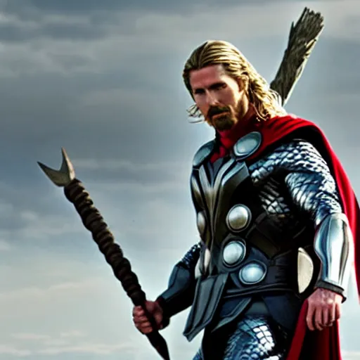 Prompt: Christian Bale as Thor, cinematic film still