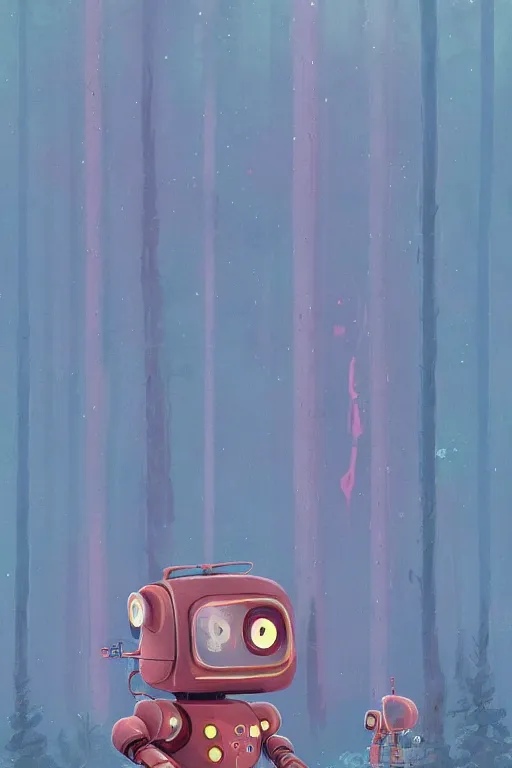 Image similar to Cute little robot lost in the forest art style by Simon Stålenhag, , trending on artstation, artstationHD, artstationHQ, 4k, 8k