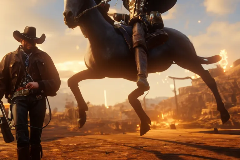 Image similar to photo from shoulder of a cowboy, riding a steampunk horse, carrying a big gun, on a futuristic shopping mall, cinematic lightning, ray tracing, unreal engine 5, photorealistic, 8 k, uhd, 4 k, red dead redemption 2 game concept, extremely detailed, beautiful, elegant, intricate, foggy, in - game footage