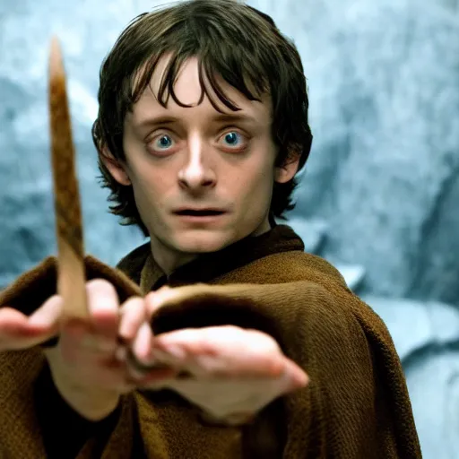 Image similar to Elijah Wood as Harry Potter casting a spell, wizard, robe, wand