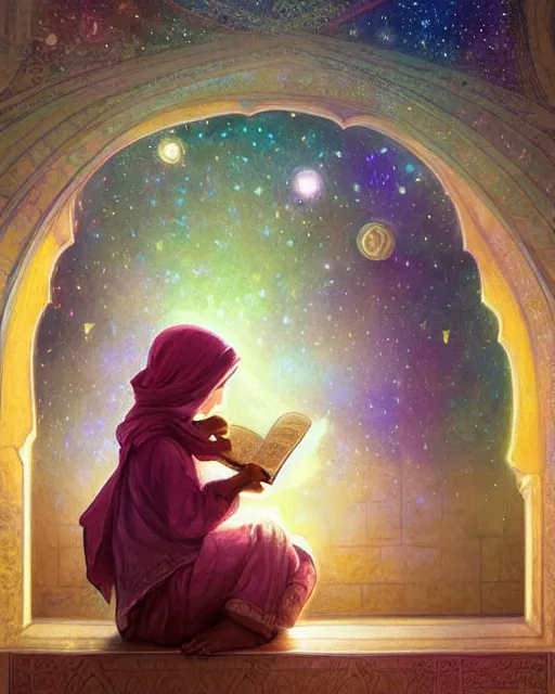 Image similar to bedouin child reading the quran inside of the mosque in the galaxy surrounded by nebula, highly detailed, gold filigree, romantic storybook fantasy, soft cinematic lighting, award, disney concept art watercolor illustration by mandy jurgens and alphonse mucha and alena aenami, pastel color palette, featured on artstation