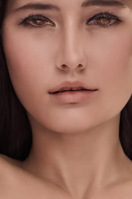 Image similar to 2 4 year old female neck model, wearing white v - neck top, zoomed in, photo realistic, extreme detail skin, no filter, slr, golden hour, 4 k, high definition, ecommerce photograph