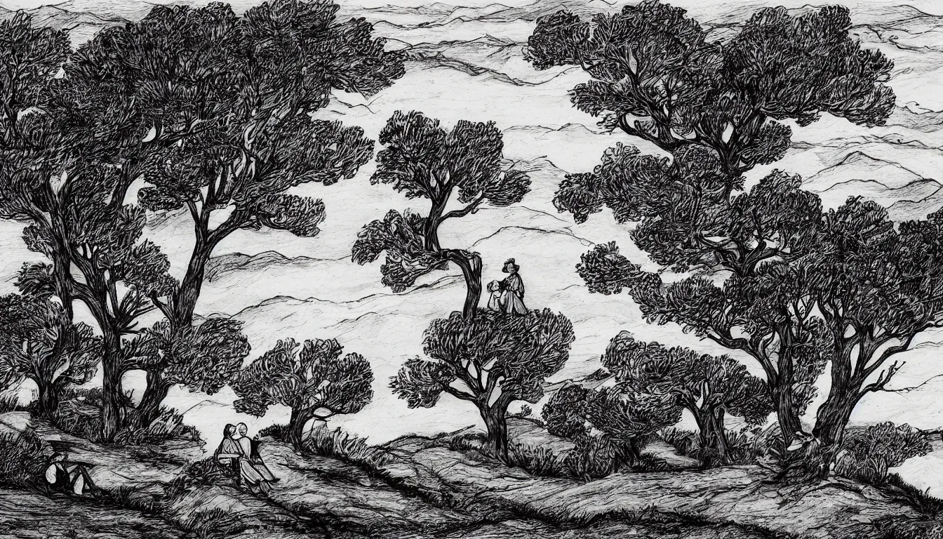 Prompt: a couple sits on a hill overlooking a river, wind blown trees, pen and ink, 1 5 0 0 s, 8 k resolution