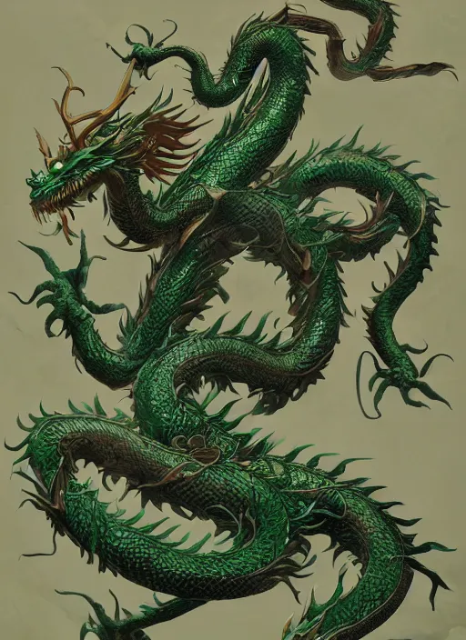 Image similar to a beautiful full - body green chinese dragon, wisdom, magical render in maya by peter mohrbacher and kentaro miura, artstation, 8 k ivan laliashvili, james gurney poster style