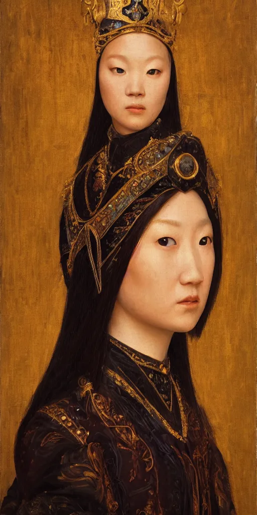 Prompt: Highly detailed and cinematic (Renaissance) period oil painting of an Mongolian princess face portrait, an oil painting ((masterpiece)) by ((Josep Tapiró Baró)), RPG portrait, dynamic lighting, 8K