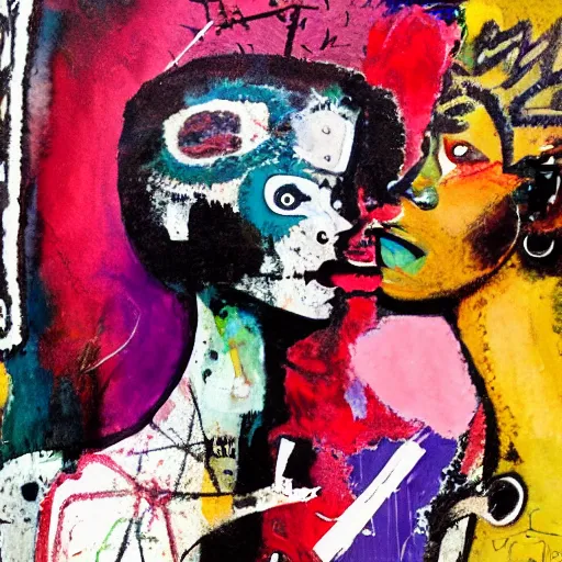 Image similar to watercolor painting of two bizarre psychedelic goth women kissing each other closeup in a cafe in japan, speculative evolution, mixed media collage by basquiat and jackson pollock, maximalist magazine collage art, sapphic art, lesbian art, chemically damaged