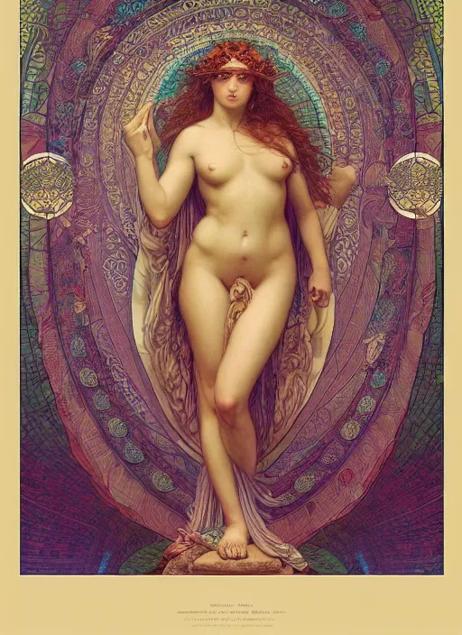 Image similar to aphrodite in paradiso. sacred geometry. clouds. sun rays. bliss. enlightenment. ascension. gustave dore. dappled light. cinematic lighting. in the art style of mucha