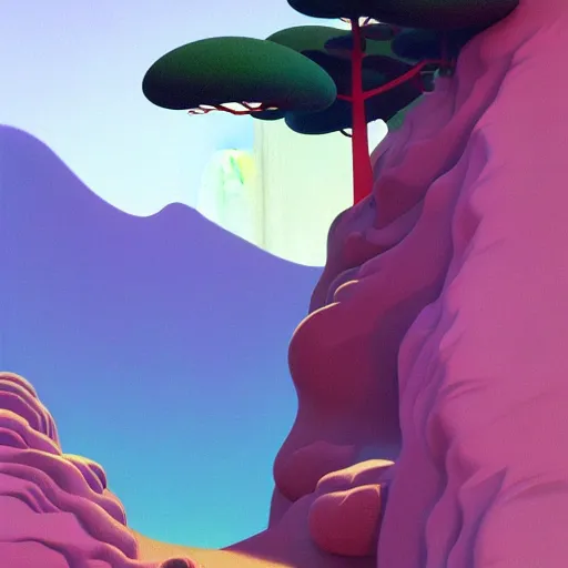 Image similar to pop - surrealist mountains painting, octane render, unreal engine, trees and pines everywhere, very nice pastel colors, lights and shadows, glowing hot sun, very coherent, houdini algorithmic generative art, painted by edward hopper, wayne barlowe, painted by james gilleard, airbrush, art by jamesjean