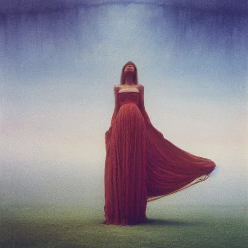 Image similar to a woman in a dress posing, feeling of surrender, by Zdzislaw Beksinski and Marat Safin