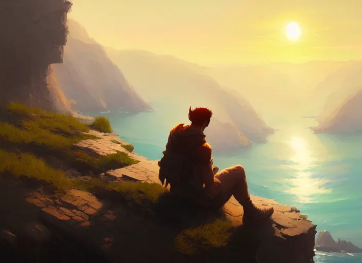 Image similar to a man sitting on a cliff watching the sun shining bright, painting, digital art, harsh lighting, trending on art station, art by greg rutkowski and andreas rocha, 8 k