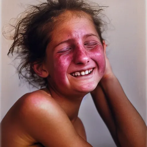 Image similar to a candid extreme closeup portrait of an expressive face of a happy through tears young woman by annie leibovitz