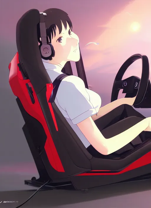 Prompt: side portrait of cute girl driving on simracing simulator, personal room background, illustration concept art anime key visual trending pixiv fanbox by wlop and greg rutkowski and makoto shinkai and studio ghibli and kyoto animation, fanatec peripherals, playseat evolution, symmetrical facial features, gaming chair, ferrari, thrustmaster ts pc racer, curved monitor