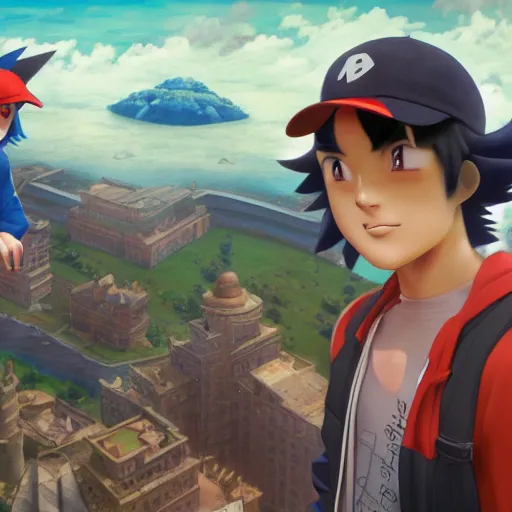 Image similar to a highly detailed matte illustration of ash ketchum and brock and misty in squid game, aerial photography, ultrawide lens, art by john collier and albert aublet and krenz cushart and artem demura and alphonse mucha, volumetric lighting, octane render, 4 k resolution, trending on artstation, masterpiece