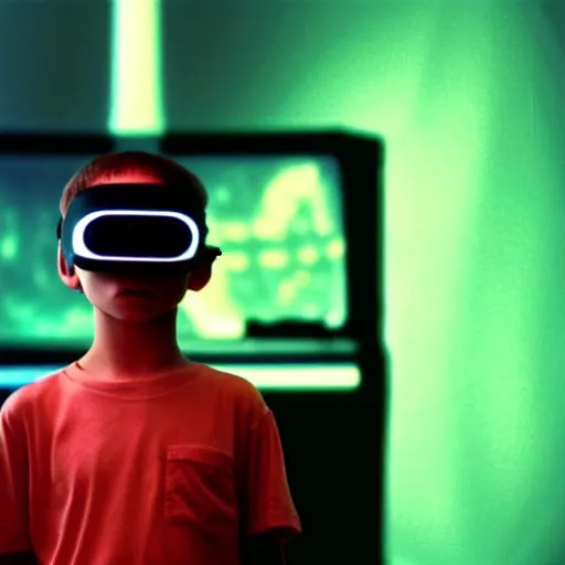 Prompt: 8k professional photo of an 8 years old enlightened and scared boy standing in front of an old computer from 90s with a game doom2 at the monitor screen in a vr vaporwave space, still from a movie by Gaspar Noe and James Cameron