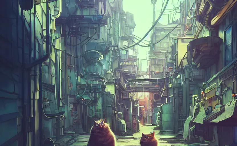 Image similar to low angle shot of a cat stretching in an alleyway in a space opera cyberpunk studio ghibli animated film, volumetric lighting, octane render by anime, stanley artgerm lau, greg rutkowski, thomas kindkade, alphonse mucha, loish, norman rockwel, highly detailed