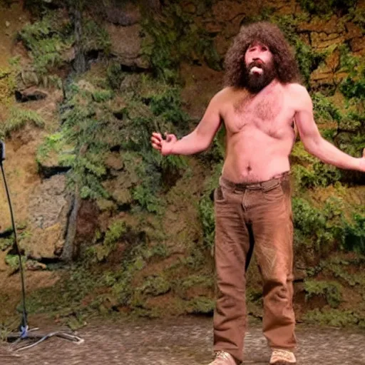 Prompt: caveman doing standup comedy in real life, intricate, highly detailed, detailed, hyper realistic, 4 k, 8 k uhd, realistic, great detail