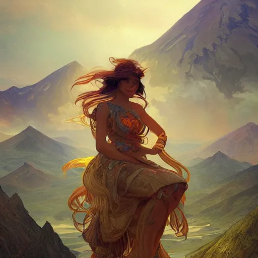 Image similar to mythical creatures, volcanos in the background, highly detailed, digital painting, artstation, concept art, sharp focus, illustration, art by artgerm and greg rutkowski and alphonse mucha,