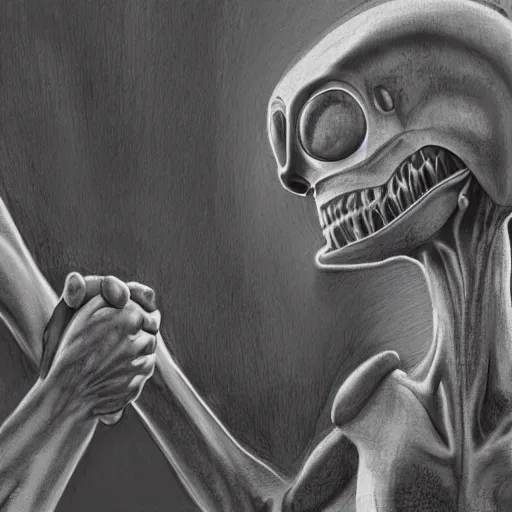 Prompt: Human and alien shaking hands in large arean full of approving onlookers, style of photo realism