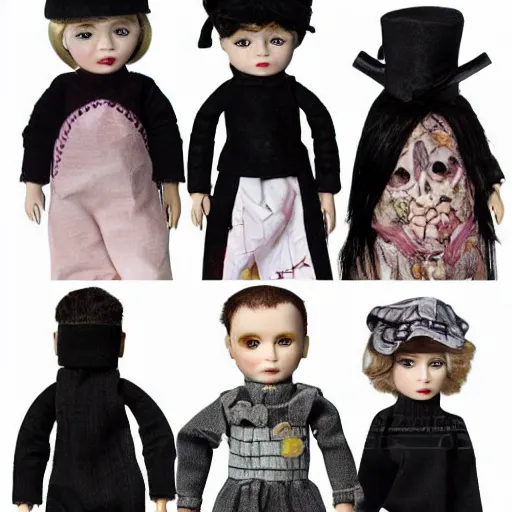 Prompt: new doll line based on the brothers grim storys, photography, advertising, promotional, in box, high quality dolls.