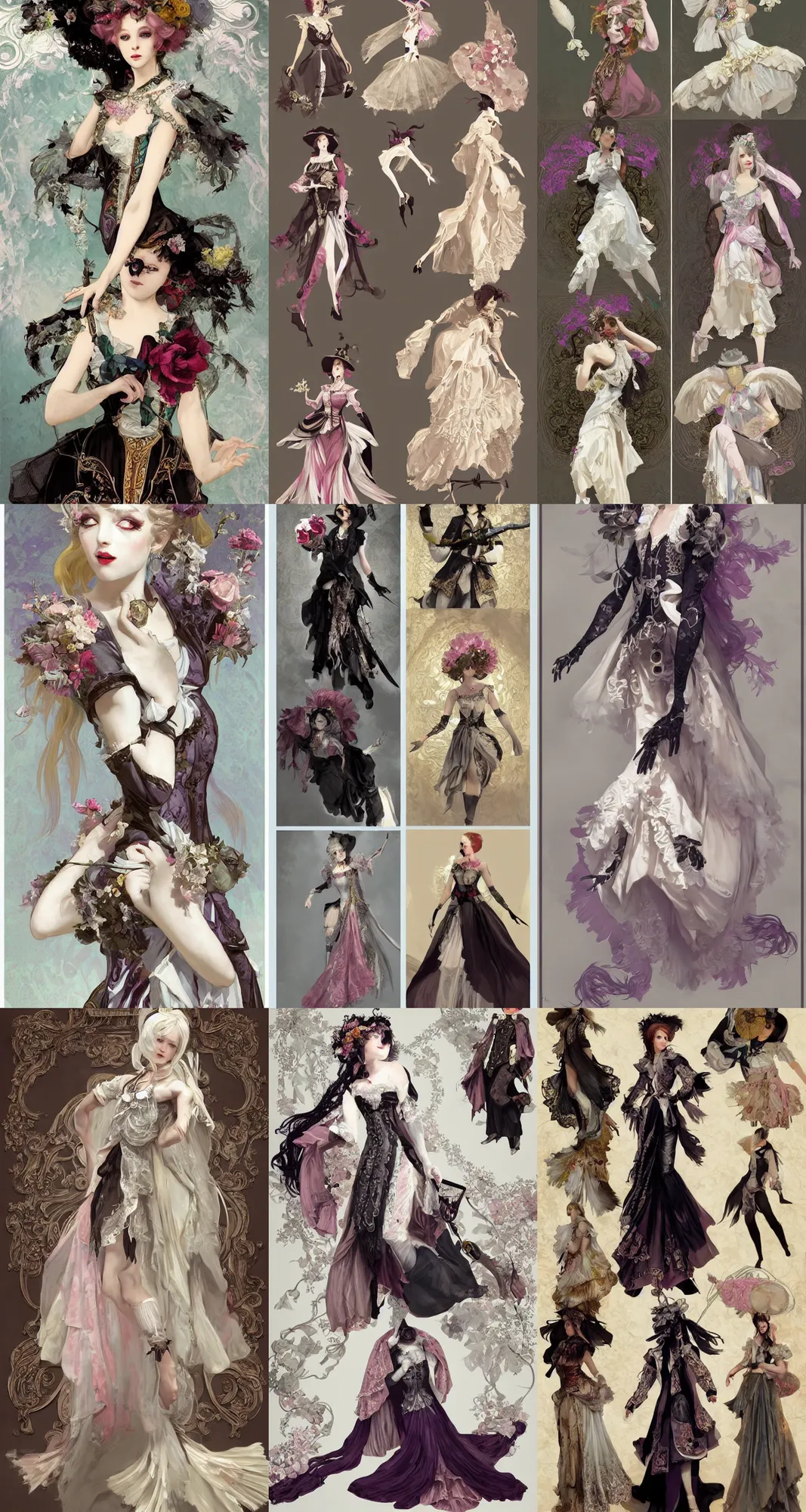 Prompt: Painterly character concept and fashion spot illustrations from Assassin's Creed 2 Rococo and lolita-goth mashup, full-body, bloom, dynamic poses, diaphanous cloth, bloom, god rays, studio lighting, intricate crystalline and feather jewelry, ornate, filigree, arcane, cinematic lighting, by Alphonse Mucha, by John Singer Sargent, by Bouguereau, by Rubens, fantasy, portfolio illustration, highly detailed, trending on Artstation, CGsociety, Pixologic top row, rendered in Octane, rendered in Arnold, HQ, 8k, 35mm lens, f2.8, Bokeh,
