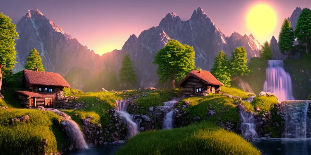 Image similar to a beautiful fantasy landscape, mountain in background, a waterfall in the mountains, little cottage, small pond, some trees in the corner, sunrise, hyper realism, octane render, art by philipp urlich