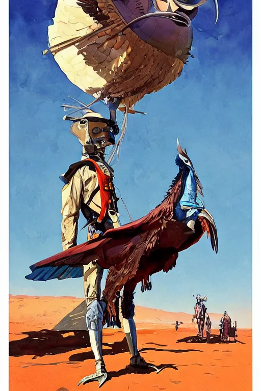 Image similar to scifi cowboy sitting on giant emu bird with backpack, science fiction, art by jean giraud, moebius, juan gimenez, greg manchess, in watercolor gouache detailed paintings, in style of syd mead, colorful comics style, artstation