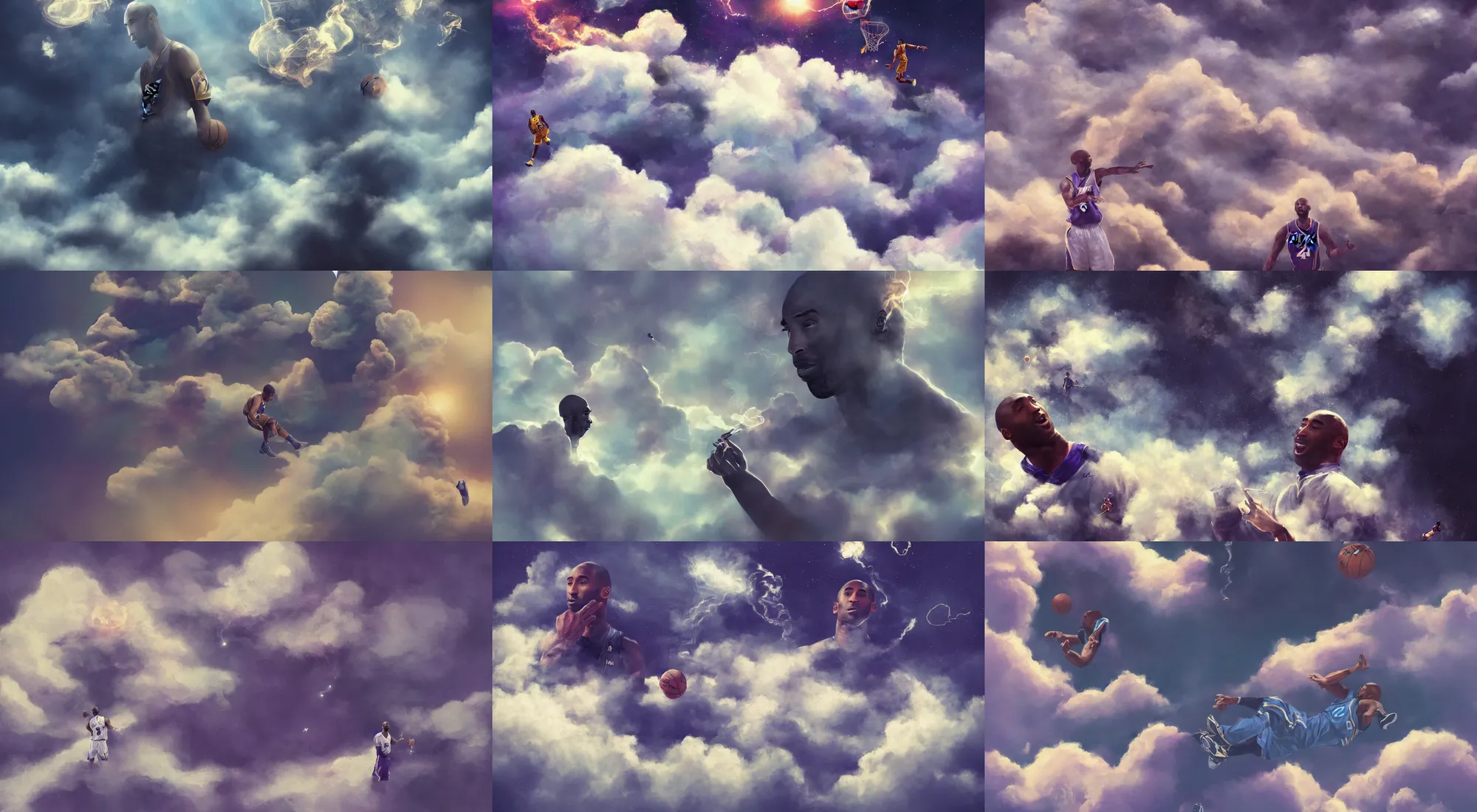 Prompt: 8 k, | kobe bryant floating amongst the clouds, high in the sky, smoking a joint and getting high as cloud 9 | trending on artstation, beautiful godrays