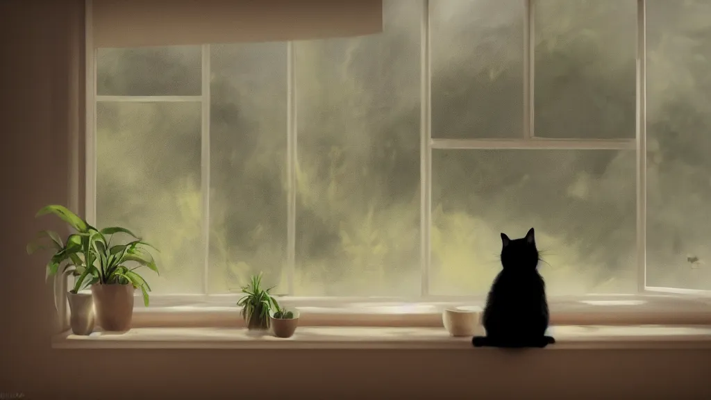 Image similar to peaceful dreamy painting of a content black cat sitting by a window and looking outside, sunshine coming through the window, small plants on the window sill, 8k, hyper realism, trending on artstation, octane render