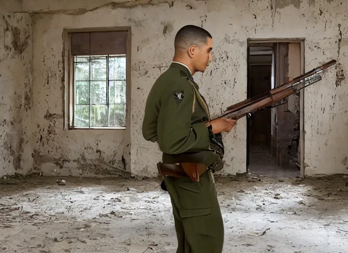 Image similar to a film still of kim kardashian as a soldier firing a rifle, open neckline, backround : abandoned school interior