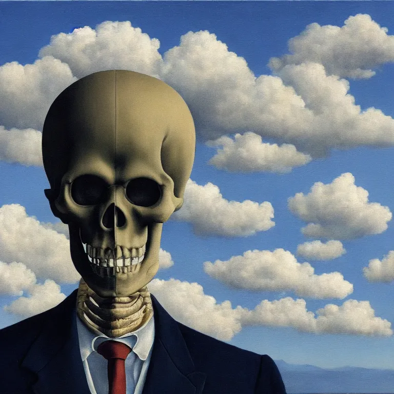 Image similar to portrait of a skeleton in a suit, clouds in the background, by rene magritte, detailed painting, distance, middle centered, hd, hq, high resolution, high detail, 4 k, 8 k