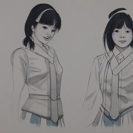 Image similar to a perfect, realistic professional digital sketch of two Japanese schoolgirls posing, 1970s, in style of Marvel, full length, by pen and watercolor, by a professional American senior artist on ArtStation, a high-quality hollywood-style sketch, on high-quality paper