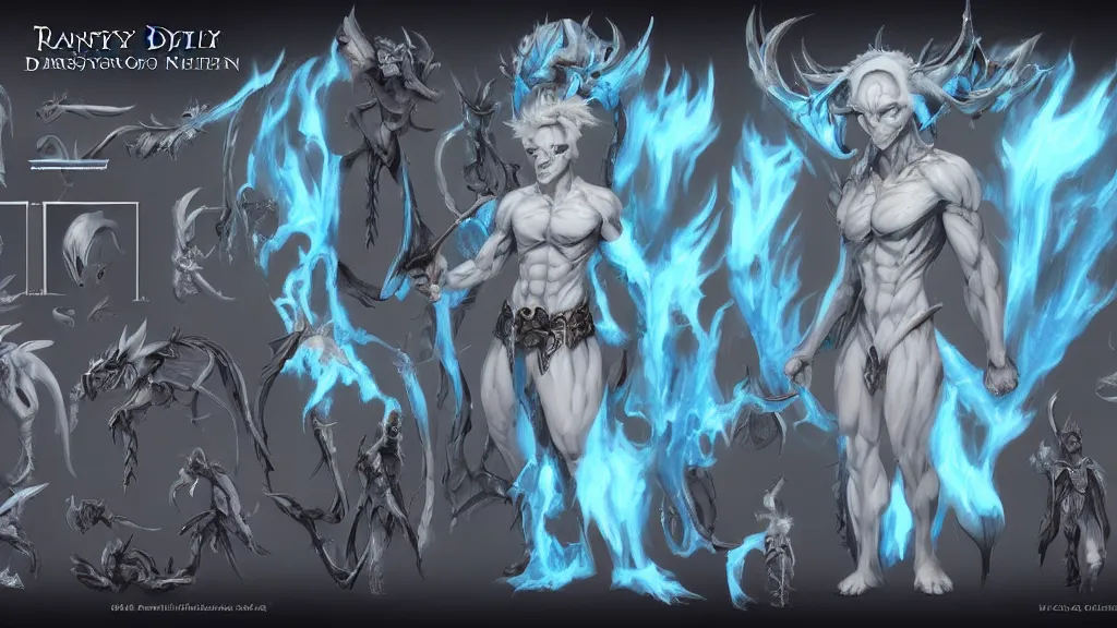 Image similar to a fantasy white and pale blue draconian demon with bright eyes character design sheet, trending on artstation