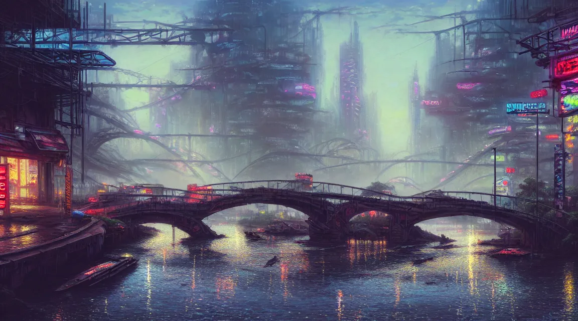 Prompt: post apocalyptic river bridge, building, boats, avenue, urban architecture, americana architecture, concrete architecture, paved roads, by thomas kinkade trending on artstation, photorealistic, wild vegetation, hyper detailed, hyper realistic neon cyberpunk blade runner mist