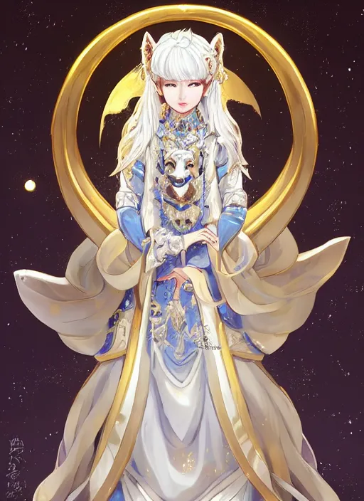 Prompt: commissioned full body portrait of a female anthro wolf princess fursona with white hair wearing a white and gold Japanese armored dress in a white and gold palace on a starry night with a large crescent moon, by a professional manga illustrator, Stanley Artgerm Lau, WLOP, Rossdraws, James Jean, Andrei Riabovitchev, Marc Simonetti, and Sakimichan, trending on artstation