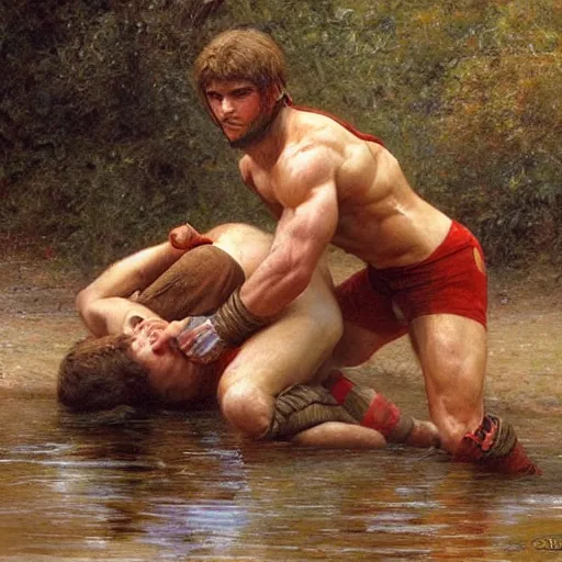 Image similar to young warriors wrestling by a river, playful, male, muscular, detailed face, gorgeous, amazing, muscular, intricate, highly detailed, painting by Gaston Bussiere, Craig Mullins