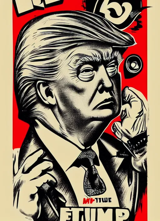 Image similar to Donald Trump's true form on a 1950s horror movie poster, inking, vintage 50s print, detailed, scary, horror, screen print, trending on artstation