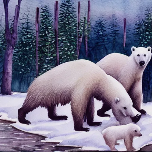 Prompt: an idyllic pastoral watercolor of polar bears fighting