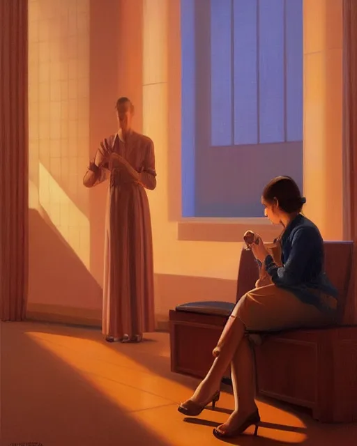 Image similar to woman sitting in the lobby of a hotel painter by George Tooker volumetric lighting, back lighting, rimlight, dramatic lighting, digital painting, highly detailed, artstation, sharp focus, illustration, Artgerm, Jean-Léon Gérôme , ruan jia